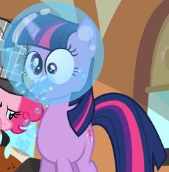 Size: 1746x1771 | Tagged: safe, screencap, pinkie pie, twilight sparkle, pony, unicorn, g4, mmmystery on the friendship express, bubble, bubble pipe, cropped, deerstalker, detective, female, hat, mare, pipe, scrunchy face, sherlock pie, twilight popple, unicorn twilight