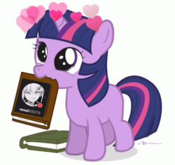 Size: 498x471 | Tagged: safe, artist:dm29, edit, twilight sparkle, pony, unicorn, g4, animated, behaving like a dog, bibliovore, blank flank, blinking, book, cute, female, filly, filly twilight sparkle, floating heart, gif, happy, heart, looking up, loop, manga, mouth hold, nom, simple background, smiling, solo, tail wag, that pony sure does love books, twiabetes, twilight dog, white background, younger