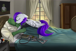 Size: 4850x3250 | Tagged: safe, artist:singovih, oc, oc only, oc:anon, oc:morning glory (project horizons), human, pegasus, pony, fallout equestria, ah yes me my girlfriend and her x, armor, bed, bodysuit, clothes, commission, cup, curtains, cute, daaaaaaaaaaaw, dashite, energy weapon, female, human on pony snuggling, laser rifle, mare, meme, snuggling, sweet dreams fuel, wardrobe, weapon, window, ych result
