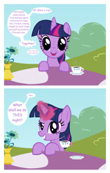 Size: 1080x1700 | Tagged: safe, artist:ursamanner, twilight sparkle, pony, g4, bronybait, bush, coffee, coffee cup, cup, cute, flower, implied princess luna, implied ursa major, implied ursa minor, looking at you, magic, show accurate, smiling, smiling at you, solo, table, telekinesis, text, vase