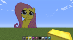 Size: 1366x747 | Tagged: safe, fluttershy, pegasus, pony, g4, female, game screencap, mare, minecraft, pixel art, sad