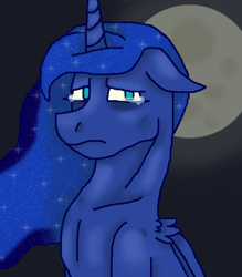 Size: 1400x1600 | Tagged: safe, artist:theedgyduck, princess luna, alicorn, pony, g4, crying, floppy ears, frown, moon, sad, tears of sadness, teary eyes
