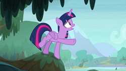 Size: 1280x720 | Tagged: safe, screencap, twilight sparkle, alicorn, pony, g4, season 8, the mean 6, everfree forest, female, floppy ears, folded wings, mare, raised hoof, solo, swamp, tree, twilight sparkle (alicorn), wings