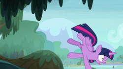 Size: 1280x720 | Tagged: safe, screencap, twilight sparkle, alicorn, pony, g4, the mean 6, everfree forest, falling, female, mare, solo, swamp, tree, twilight sparkle (alicorn), wings