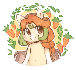 Size: 2252x2066 | Tagged: safe, artist:stablegrass, oc, oc only, oc:autumn harvest, bat pony, semi-anthro, belly button, braid, carrot, cute, female, food, freckles, high res, looking at you, mare, ocbetes, simple background, smiling, white background, wings