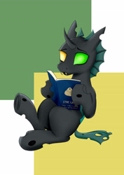 Size: 3507x4960 | Tagged: safe, artist:dragonblue, oc, oc only, changeling, book, heterochromia, male, reading, solo