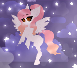 Size: 4000x3500 | Tagged: safe, artist:sunnlich, artist:suwiti, oc, oc only, pegasus, pony, abstract background, cloud, ear fluff, female, fluffy, high res, mare, on a cloud, pegasus oc, ponytail, smiling, solo, standing on a cloud, stars, wings