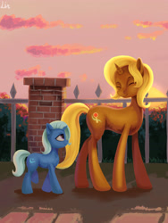 Size: 3543x4724 | Tagged: safe, artist:lin feng, sunflower spectacle, trixie, pony, unicorn, g4, duo, female, fence, filly, filly trixie, like mother like daughter, like parent like child, mother and child, mother and daughter, young, younger