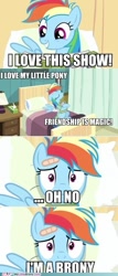 Size: 409x960 | Tagged: safe, edit, edited screencap, screencap, rainbow dash, pegasus, pony, g4, read it and weep, bandaid, bed, blanket, brony, caption, dead meme, existential crisis, female, hospital, i'm an egghead, image macro, in-universe pegasister, irony, lamp, mare, meme, needs more jpeg, pillow, realization, smiling, solo, text, tissue box