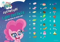 Size: 3508x2480 | Tagged: safe, pinkie pie, earth pony, pony, g4.5, my little pony: pony life, official, activity sheet, balloon, candy, cupcake, donut, food, heart, high res, lollipop, my little pony logo, secret code
