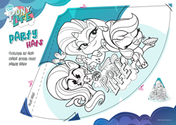 Size: 3508x2480 | Tagged: safe, applejack, fluttershy, rarity, earth pony, pegasus, pony, unicorn, g4.5, my little pony: pony life, official, activity sheet, coloring page, food, hat, high res, my little pony logo, party hat, pie