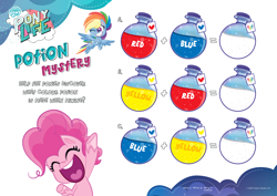 Size: 3508x2480 | Tagged: safe, pinkie pie, rainbow dash, earth pony, pegasus, pony, g4, g4.5, my little pony: pony life, official, activity sheet, female, high res, mare, my little pony logo, potion, potions