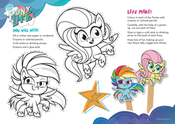 Size: 3508x2480 | Tagged: safe, fluttershy, rainbow dash, pegasus, pony, g4, g4.5, my little pony: pony life, official, activity sheet, coloring page, female, high res, my little pony logo, stick puppets