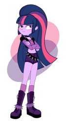 Size: 1109x2049 | Tagged: safe, artist:tsetsera, twilight sparkle, equestria girls, g4, alternate hairstyle, alternate universe, belly button, crossed arms, female, midriff, ponytail, punk, simple background, smug, solo, spiked belt, transparent background