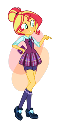 Size: 1291x2754 | Tagged: safe, artist:katnekobase, artist:tsetsera, sunset shimmer, equestria girls, g4, alternate hairstyle, alternate universe, base used, clothes, clothes swap, crystal prep academy uniform, crystal prep shadowbolts, cute, female, hair bun, school uniform, schoolgirl, shimmerbetes, simple background, smiling, solo, transparent background