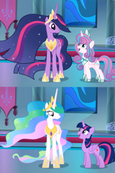 Size: 1316x1971 | Tagged: safe, artist:maddypxii, princess celestia, princess flurry heart, twilight sparkle, alicorn, pony, g4, future, older, older flurry heart, older twilight, older twilight sparkle (alicorn), past, princess twilight 2.0, twilight sparkle (alicorn)