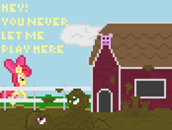 Size: 696x528 | Tagged: safe, artist:nitobit, derpibooru exclusive, apple bloom, applejack, rainbow dash, earth pony, pegasus, pony, g4, angry, castle, cloud, covered in mud, embarrassed, female, fence, filly, mare, mud, mud wrestling, muddy, pixel art, playing, text