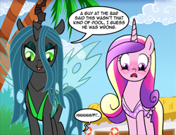 Size: 1972x1505 | Tagged: safe, artist:madmax, princess cadance, queen chrysalis, alicorn, changeling, changeling queen, pony, g4, bikini, blushing, clothes, comic, cropped, duo, duo female, female, frilled swimsuit, green swimsuit, mare, one-piece swimsuit, pink swimsuit, polka dot swimsuit, swimming pool, swimsuit