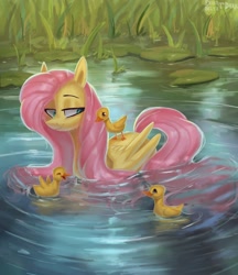 Size: 2000x2316 | Tagged: safe, artist:enderselyatdark, fluttershy, bird, duck, pegasus, pony, g4, behaving like a duck, cheek fluff, cute, female, grass, high res, lidded eyes, lilypad, mare, shyabetes, solo, swimming, water, wings