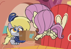 Size: 630x442 | Tagged: safe, screencap, derpy hooves, fluttershy, pegasus, pony, g4.5, my little pony: pony life, unboxing day, box, butt, duo, female, hat, mailmare, mare, plot, sitting, smiling