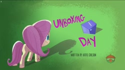 Size: 1920x1080 | Tagged: safe, screencap, fluttershy, pony, g4.5, my little pony: pony life, unboxing day, female, solo, title card, treehouse logo