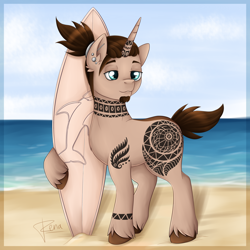Size: 3000x3000 | Tagged: safe, artist:puggie, oc, oc only, pony, unicorn, beach, beard, facial hair, high res, male, solo, surfboard, surfing, tattoo