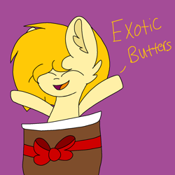 Size: 1378x1378 | Tagged: safe, artist:circuspaparazzi5678, oc, oc only, oc:exotic butters, earth pony, pony, basket, bow, five nights at panda flare's: panda location, happy, solo