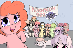 Size: 2402x1585 | Tagged: safe, artist:heretichesh, oc, oc:peachy keen, oc:red pill, earth pony, pony, :t, banner, bipedal, blushing, camera, clothes, colt, cross, female, filly, frog (hoof), glasses, group, group photo, habit, happy, knitting, knitting needles, male, plunger, selfie, smiling, socks, stretchy, stretchy arms, text, tongue out, underhoof, waving