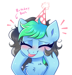 Size: 2123x2230 | Tagged: safe, artist:confetticakez, oc, oc only, oc:kiru, pegasus, pony, :p, blushing, chest fluff, cute, eyes closed, female, hat, high res, mare, ocbetes, party hat, simple background, solo, tongue out, white background