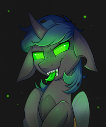 Size: 1685x2028 | Tagged: safe, artist:confetticakez, oc, oc only, oc:xodious, changeling, changeling oc, fangs, floppy ears, glowing eyes, snarling, solo, teeth, tongue out