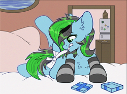 Size: 2700x2000 | Tagged: safe, artist:etoz, oc, oc only, oc:aspen, earth pony, pony, bed, bow, clothes, commission, cute, femboy, high res, lying down, male, photo, socks, striped socks, tail bow, tying
