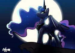 Size: 1674x1186 | Tagged: safe, artist:oofycolorful, princess luna, alicorn, pony, g4, chest fluff, cliff, female, full moon, mare, moon, night, profile, sky, solo, spread wings, wings