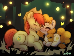 Size: 1583x1200 | Tagged: safe, artist:oofycolorful, bright mac, pear butter, earth pony, firefly (insect), insect, pony, g4, brightabetes, chest fluff, cute, daaaaaaaaaaaw, eyes closed, female, heart, lying down, male, mare, pearabetes, ponyloaf, prone, ship:brightbutter, shipping, smiling, stallion, straight