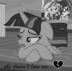 Size: 480x474 | Tagged: safe, edit, edited screencap, screencap, sci-twi, sunset shimmer, twilight sparkle, alicorn, pony, equestria girls, g4, once upon a zeppelin, animated, female, grayscale, lesbian, mare, monochrome, ship:sci-twishimmer, ship:sunset twiangle, ship:sunsetsparkle, shipping, twilight sparkle (alicorn)