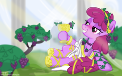 Size: 4800x3000 | Tagged: safe, artist:magnusmagnum, artist:pirill, berry punch, berryshine, earth pony, pony, g4, blushing, chest fluff, clothes, cloud, crepuscular rays, cup, curtains, dionysus, drunk, eyeshadow, female, food, garden, goblet, grapes, greek, greek clothes, greek mythology, hoof hold, hoof shoes, jewelry, looking at something, makeup, mare, mythology, necklace, pillar, shading, shadow, show accurate, sitting, smiling, solo, sunlight, tiara, toga, trace, vector
