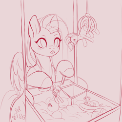 Size: 3000x3000 | Tagged: safe, artist:evlass, fluttershy, earth pony, pegasus, pony, g4, commission, crane game, cute, female, high res, lineart, monochrome, solo, ych sketch, your character here