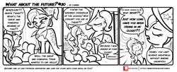 Size: 1600x655 | Tagged: safe, artist:lummh, luster dawn, trixie, pony, unicorn, comic:what about the future, g4, the last problem, aunt, auntie trixie, bed, cape, clothes, comic, eyes closed, female, great and powerful, hat, mare, monochrome, patreon, patreon logo, room, speech bubble, third person, trixie being trixie, trixie's cape, trixie's hat