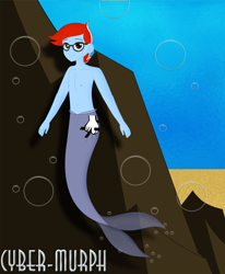 Size: 2772x3358 | Tagged: safe, artist:cyber-murph, oc, oc:tone, merman, equestria girls, g4, belly button, clothes, commission, glasses, high res, male, male nipples, nipples, nudity, partial nudity, rock, sand, signature, topless, underwater