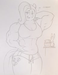 Size: 1584x2046 | Tagged: safe, artist:zacharyisaacs, angel bunny, fluttershy, rabbit, anthro, g4, animal, breasts, busty fluttershy, cookie, cookie jar, female, food, love handles, musclegut, muscles, muscleshy, muscular female, traditional art