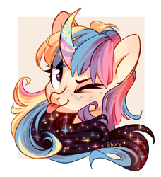 Size: 2894x3169 | Tagged: safe, artist:shore2020, oc, oc only, pony, unicorn, :p, bust, curved horn, high res, horn, one eye closed, solo, tongue out, unicorn oc, wink