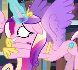 Size: 1444x1303 | Tagged: safe, screencap, princess cadance, alicorn, pony, g4, the crystalling, book, bookshelf, colored wings, cropped, cute, cutedance, female, flying, gradient wings, grin, hoof shoes, library, magic, mare, nervous, nervous smile, reaching, smiling, solo, spread wings, wings