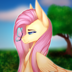 Size: 3000x3000 | Tagged: safe, artist:ermy-poo, artist:griafian, fluttershy, butterfly, pegasus, pony, g4, bust, butterfly on nose, colored pupils, cute, female, folded wings, high res, insect on nose, lidded eyes, looking at something, mare, outdoors, portrait, profile, shyabetes, smiling, solo, tree, wings