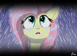 Size: 2338x1700 | Tagged: safe, artist:lennondash, fluttershy, pony, g4, bust, female, front view, full face view, looking up, mare, open mouth, outdoors, rain, solo, wet, wet mane