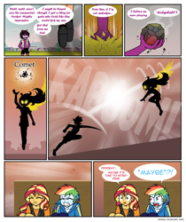 Size: 822x978 | Tagged: safe, artist:crydius, rainbow dash, sunset shimmer, oc, oc:eldritch, oc:feral (crydius), oc:gamma, robot, comic:the first year's dodgeball competition, equestria girls, g4, comic, gamma ifrit mode, magical lesbian spawn, offspring, parent:oc:crydius, parent:sci-twi, parent:sunset shimmer, parent:tempest shadow, parents:canon x oc, parents:crydiusshadow, parents:scitwishimmer