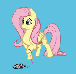 Size: 1437x1404 | Tagged: safe, artist:phutashi, fluttershy, isopod, pegasus, pony, g4, blue background, female, folded wings, holding, leash, mare, pet, raised hoof, simple background, smiling, solo, standing, three quarter view, wings
