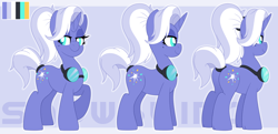 Size: 3832x1853 | Tagged: safe, artist:pearlyiridescence, oc, oc only, oc:snowblind, pony, unicorn, bags under eyes, beauty mark, female, goggles, mare, messy mane, ponytail, reference sheet, smiling, solo, tired, turnaround