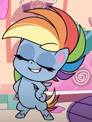 Size: 471x622 | Tagged: safe, screencap, rainbow dash, pegasus, pony, g4, g4.5, my little pony: pony life, ponies of the moment, bipedal, cropped, eyes closed, female, hooves on hips, mare, pose, proud, solo