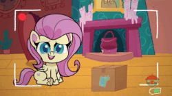Size: 1920x1078 | Tagged: safe, screencap, fluttershy, pegasus, pony, g4.5, my little pony: pony life, unboxing day, angry, animated, bipedal, box, female, flutterbox, fluttershy's cottage, frustrated, kick, kicking, mare, recording, sitting, smiling, solo, sound, talking, treehouse logo, webm, wings