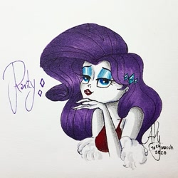 Size: 909x909 | Tagged: safe, artist:galaxy.in.mind, rarity, equestria girls, g4, bedroom eyes, bust, clothes, eyelashes, female, lipstick, makeup, signature, solo, traditional art
