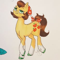 Size: 909x909 | Tagged: safe, artist:galaxy.in.mind, applejack, earth pony, pony, g4, alternate hairstyle, bow, butt freckles, clothes, female, freckles, headscarf, hoof polish, mare, raised hoof, redesign, scarf, signature, solo, tail bow, traditional art, unshorn fetlocks
